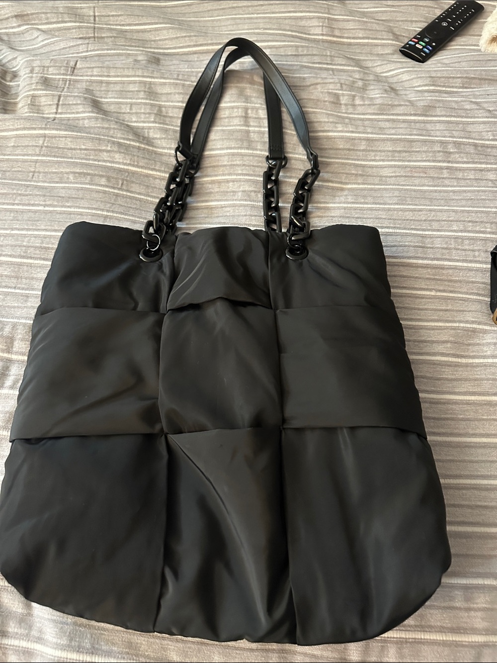 INC International Concepts Black Quilted Puffy Tote with Chain-Strap Detail